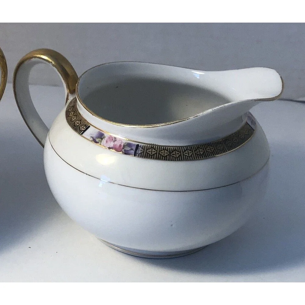 Vtg. Set Noritake Sugar Bowl With Lid & Creamer Japan Pink Rose Green Mark